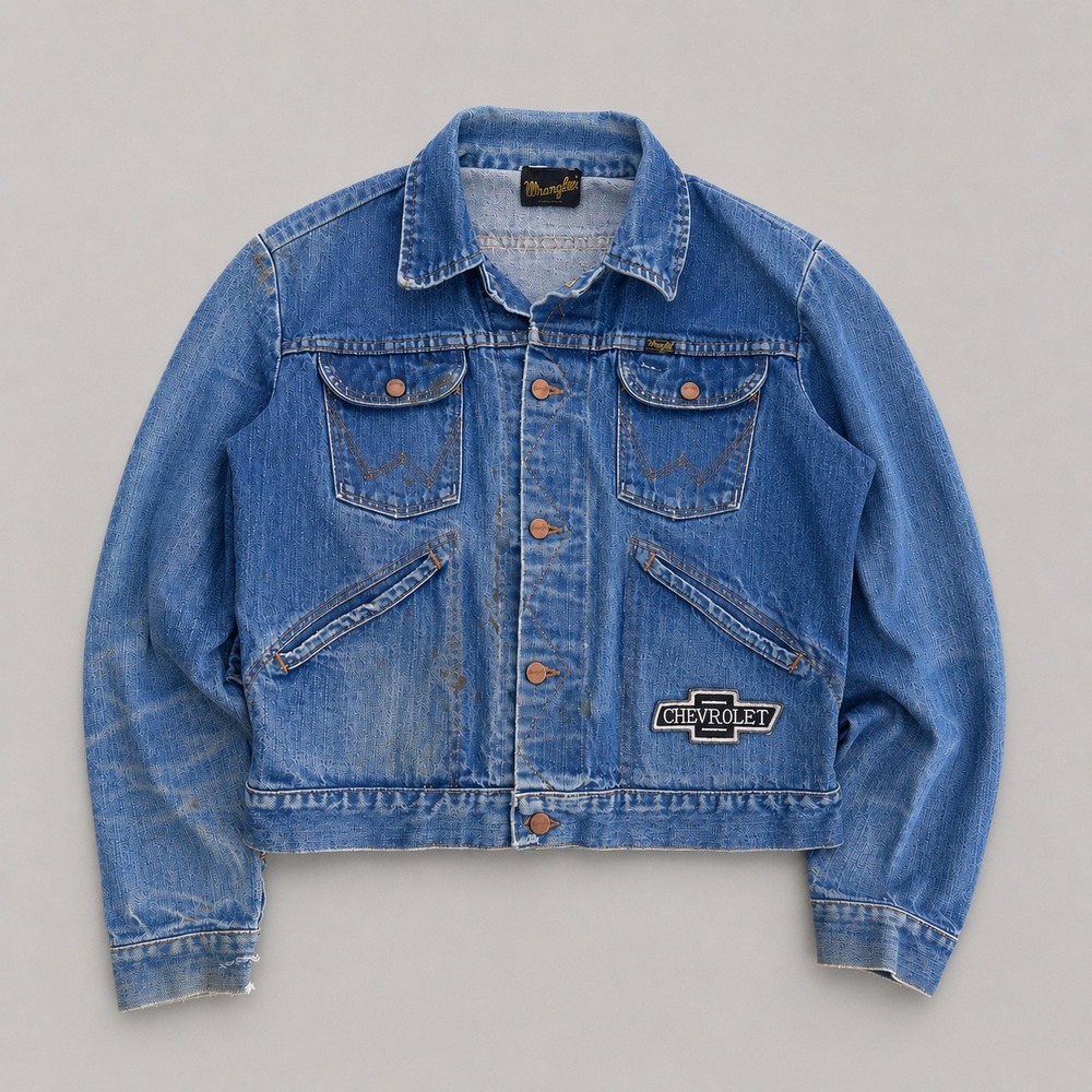 Vintage 50s 60s‎ Wrangler Denim Jacket Chevrolet Patch Distressed Mens 42 USA